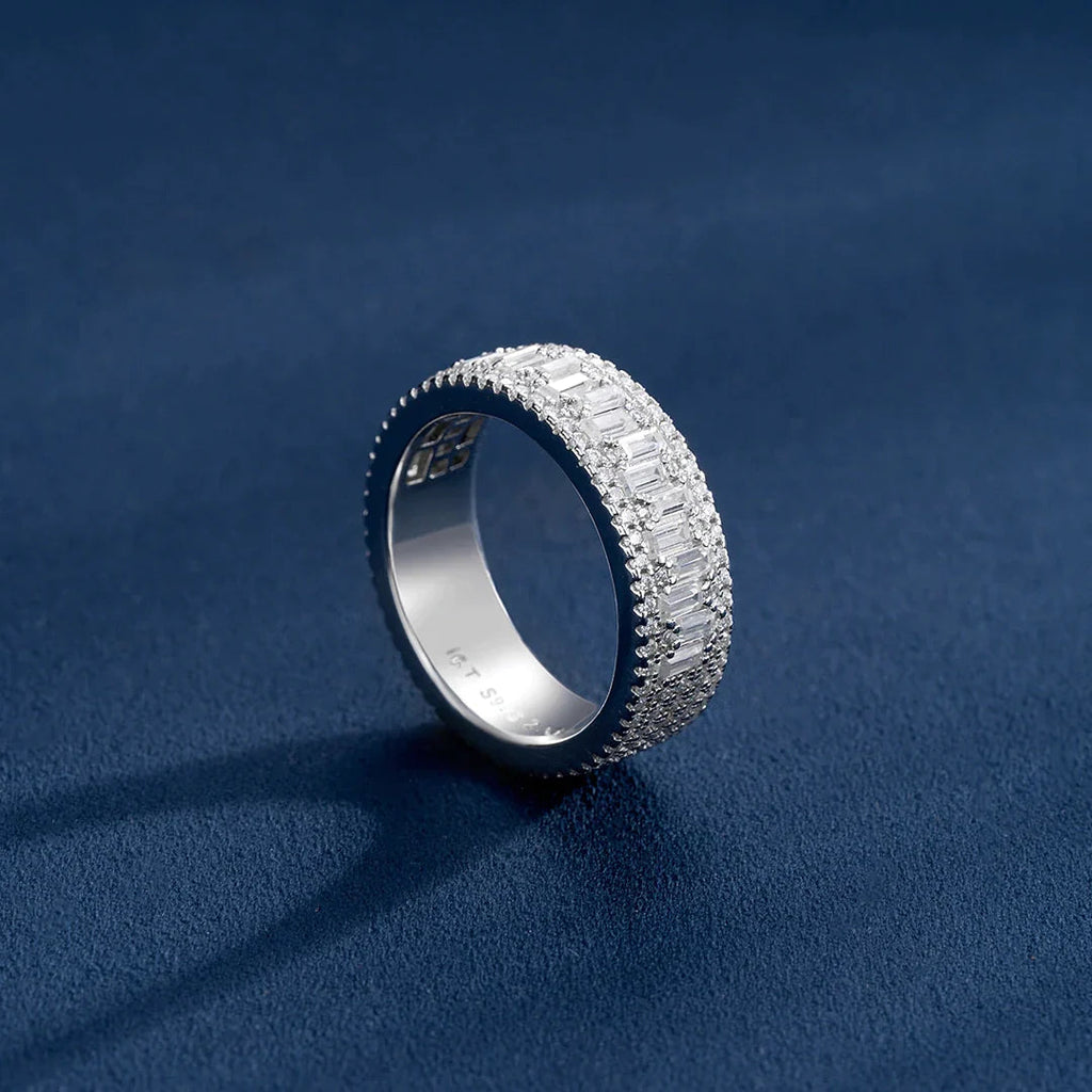 Triple Row Baguette & Pave Moissanite Ring For Men