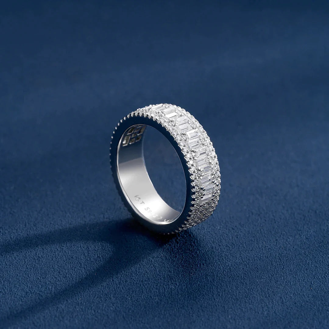 Triple Row Baguette & Pave Moissanite Ring For Men