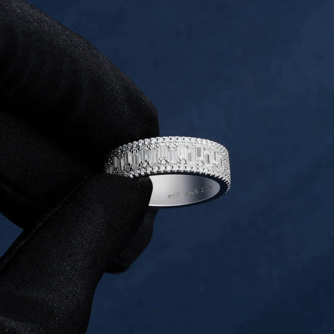 Triple Row Baguette & Pave Moissanite Ring For Men