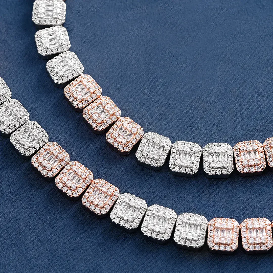 10mm Moissanite Two Tone  Halo Baguette Link Chain
