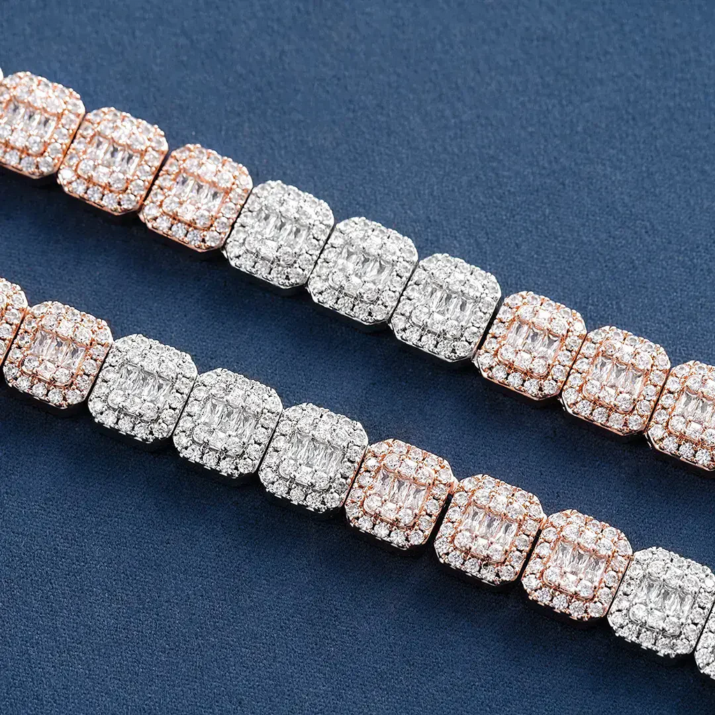 10mm Moissanite Two Tone  Halo Baguette Link Chain