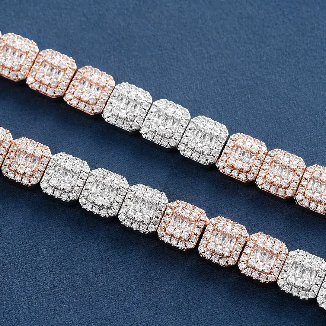 10mm Moissanite Two Tone  Halo Baguette Link Chain
