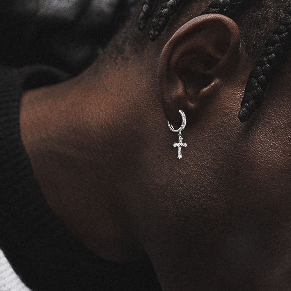 Iced Out Hoop Earrings for Men with Moissanite Dangle Cross
