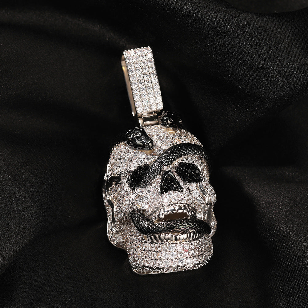 Snake Skull Moissanite Pendant in White & Black Gold