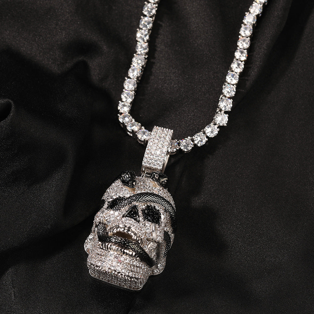 Snake Skull Moissanite Pendant in White & Black Gold