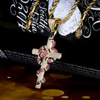 Moissanite Iced Out Mens Cross with Coral Snake Twist Pendant