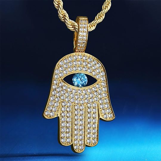 Iced Out Hamsa Hand Mens Moissanite Pendant Necklace in 14K Gold
