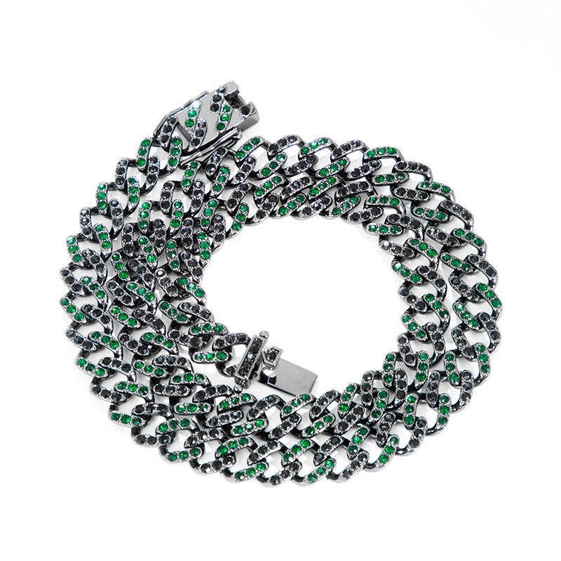11mm Emerald & Black Stones Cuban Chain Set