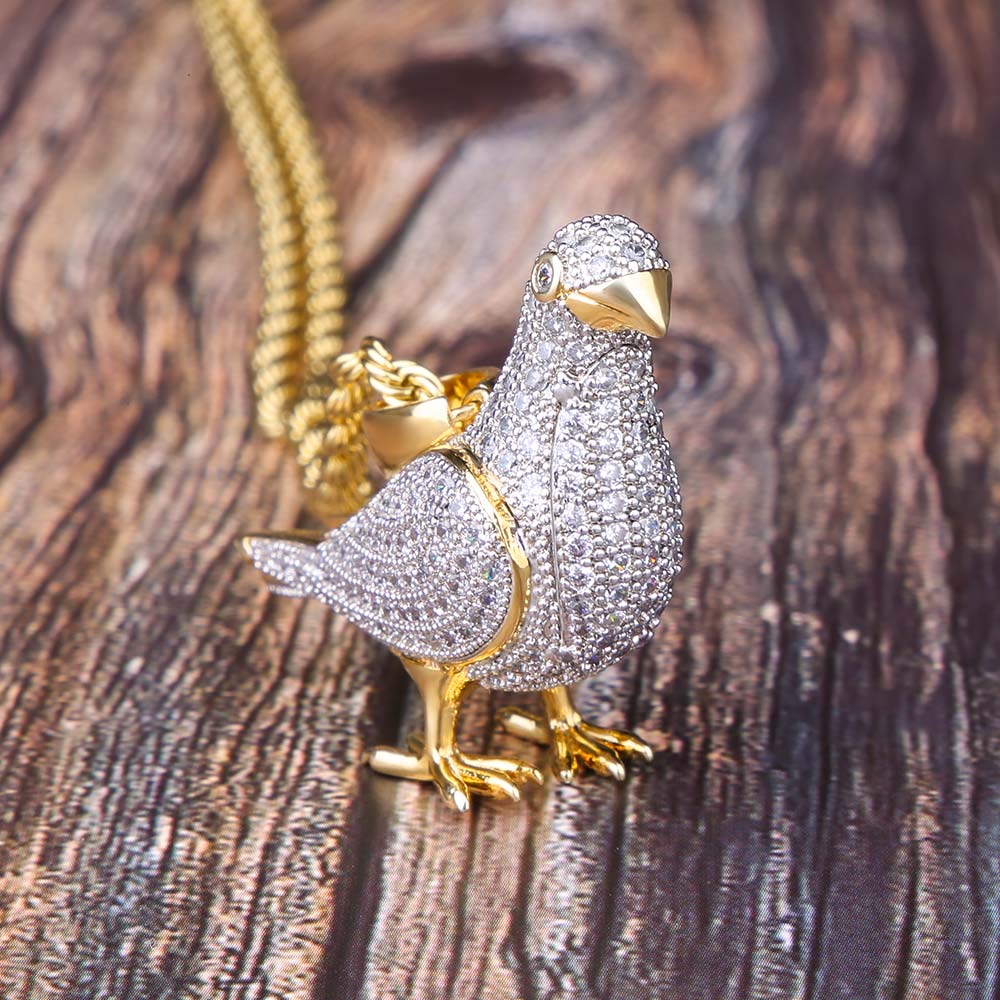 Iced Out Pigeon Mens Moissanite Pendant Necklace in 14K Gold