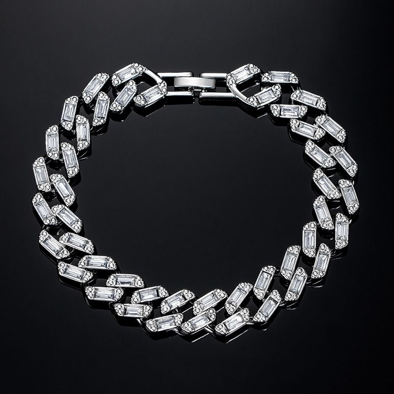 13mm Baguette Cut Cuban Chain and Bracelet Set in White Gold