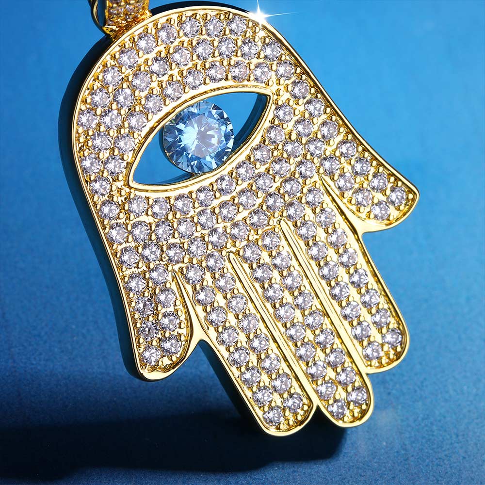 Iced Out Hamsa Hand Mens Moissanite Pendant Necklace in 14K Gold