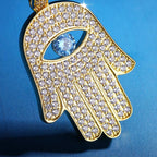Iced Out Hamsa Hand Mens Moissanite Pendant Necklace in 14K Gold