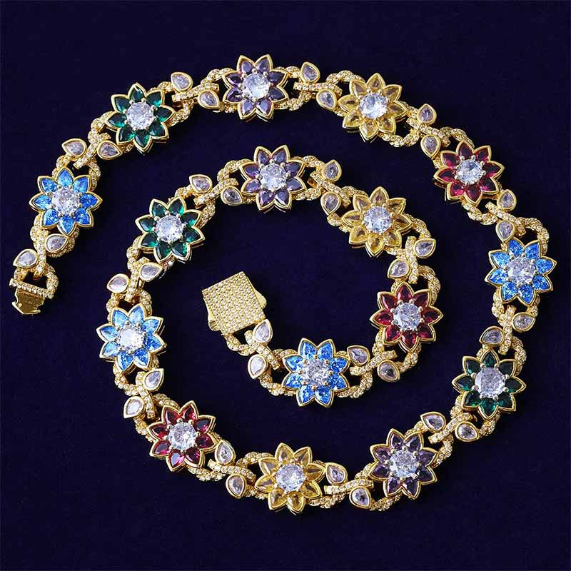 Hip-Hop Colored Flower Leaf Necklace with Moissanite