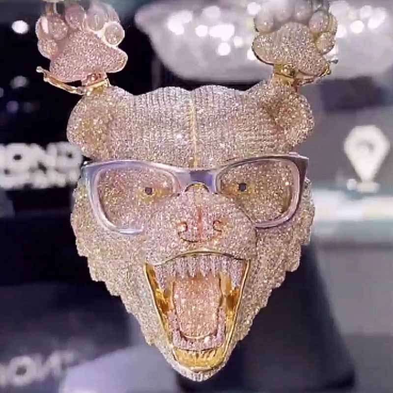 3D | 925S Wearing Glasses Bear Pendant Paw Prints  Chain