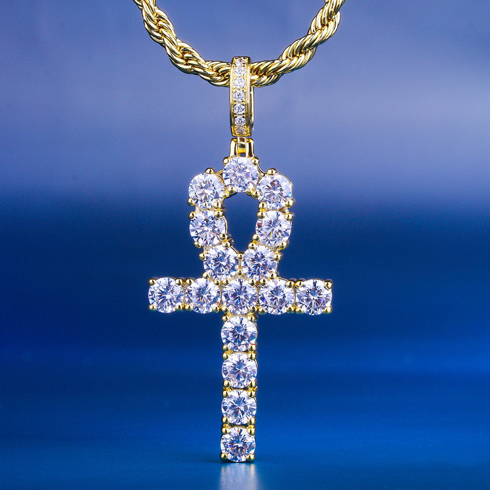 Iced Out ANKH Cross Moissanite Pendant in 14K Gold