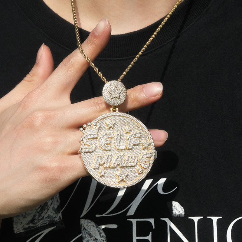 Moissanite Personality Hip Hop "SELF MANG" Letter Large Disc Pendant