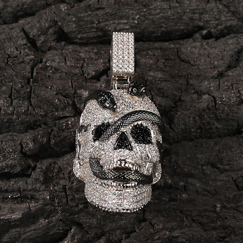 Snake Skull Moissanite Pendant in White & Black Gold