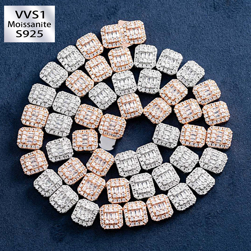 10mm Moissanite Two Tone  Halo Baguette Link Chain