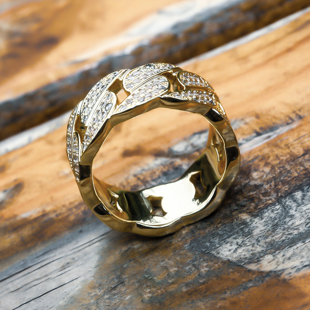Street Style | Iced Out Cuban Mens Ring in 14K Gold