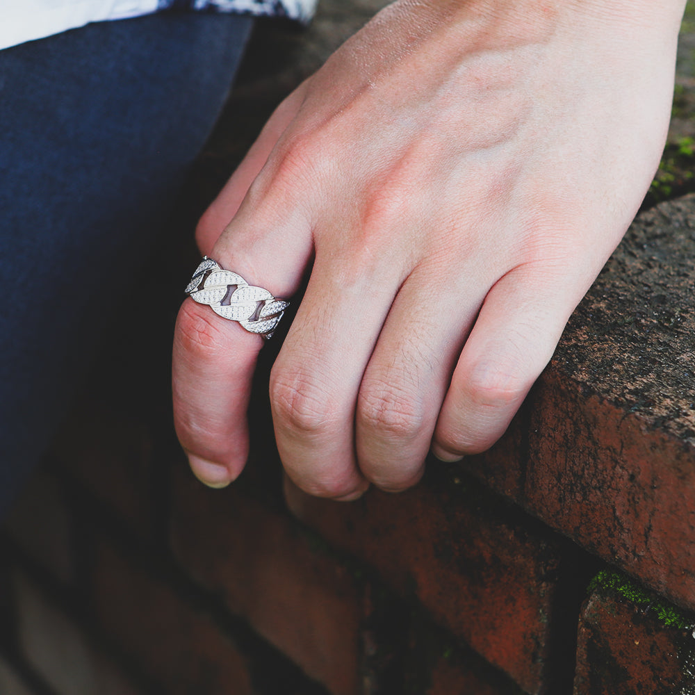 Iced Out Moissanite Cuban Link Mens Ring in White Gold