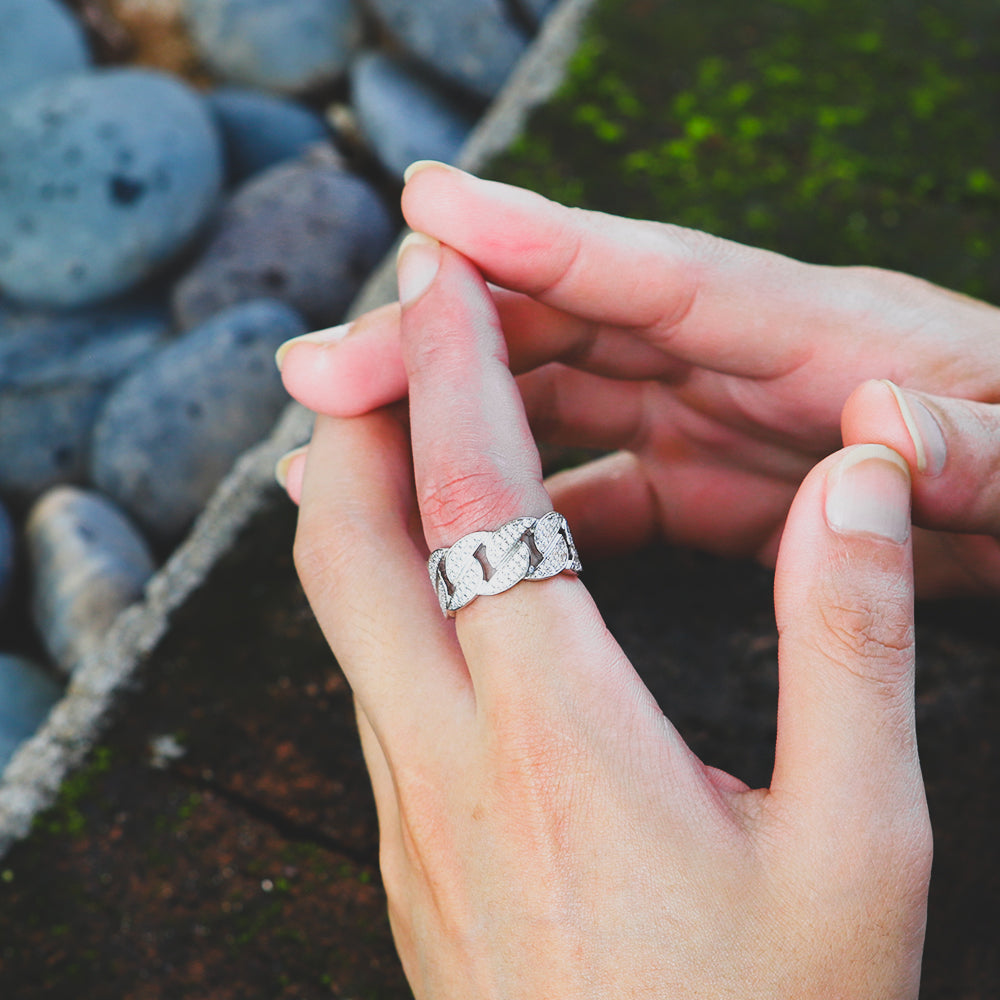 Iced Out Moissanite Cuban Link Mens Ring in White Gold