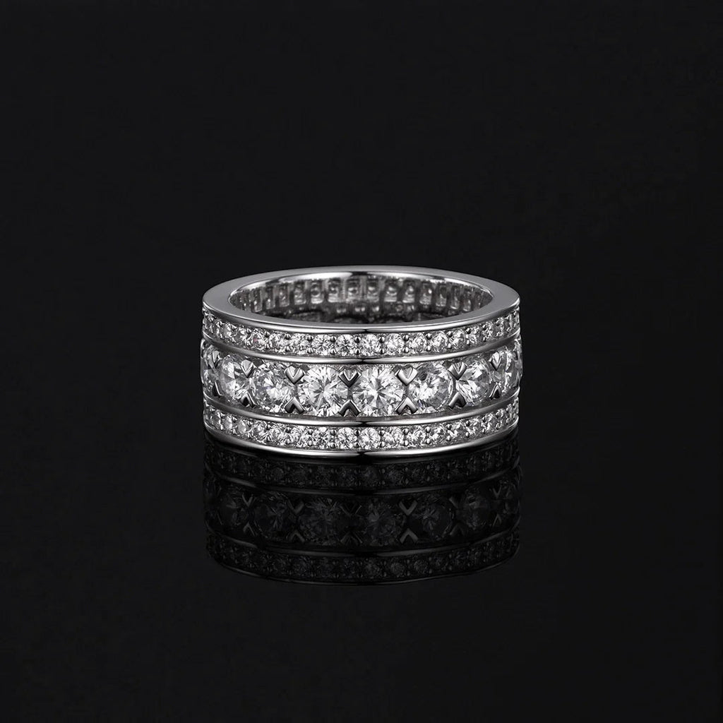 Round Cut Moissanite Wide 3 Row Eternity Band Ring