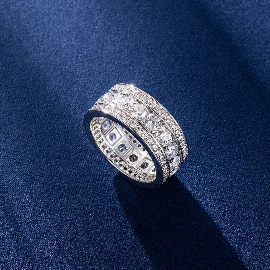 Round Cut Moissanite Wide 3 Row Eternity Band Ring
