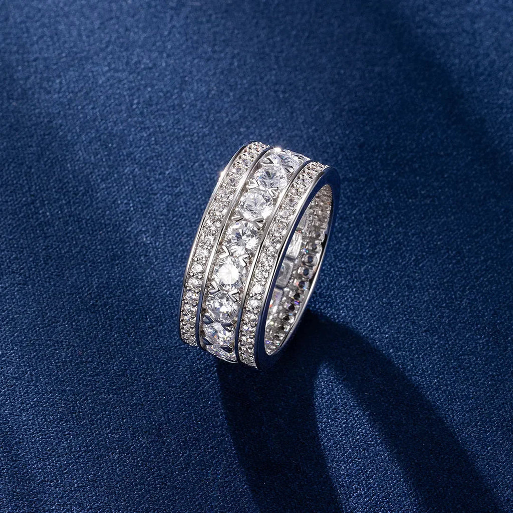 Round Cut Moissanite Wide 3 Row Eternity Band Ring