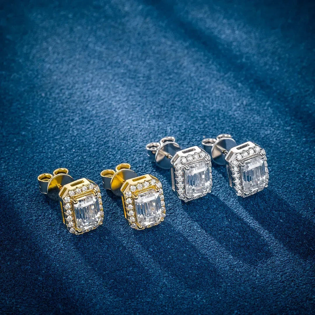 1CT/2CT S925 VVS1 Moissanite Emerald Cut Halo Stud Earrings