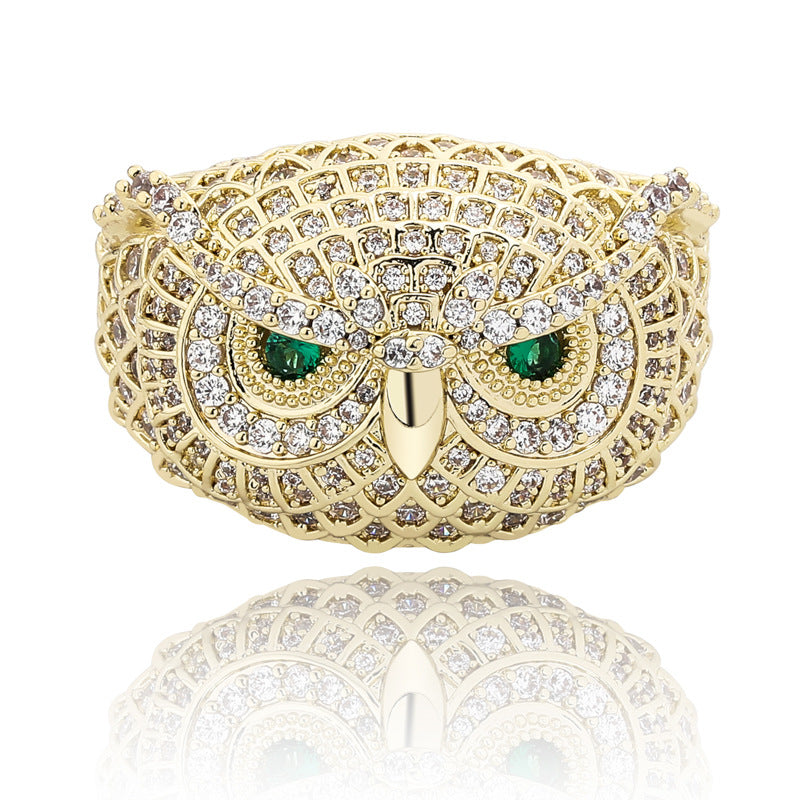 18K Gold Plated Moissanite Owl with Jewel Hip Hop Ring
