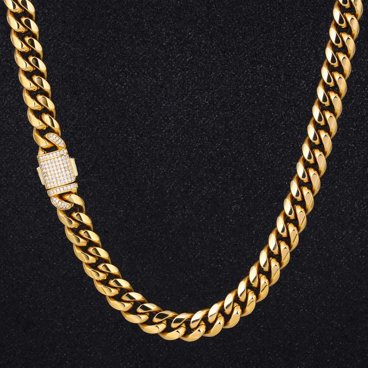 Moissanite Clasp Miami Cuban Link Chain (12mm) in 18K Gold for Men's