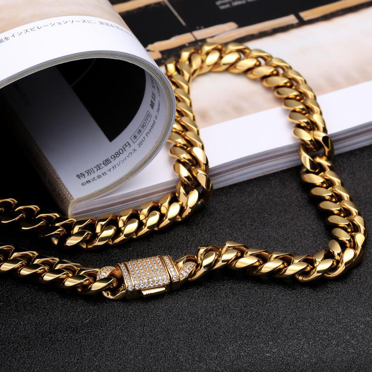 Moissanite Clasp Miami Cuban Link Chain (12mm) in 18K Gold for Men's