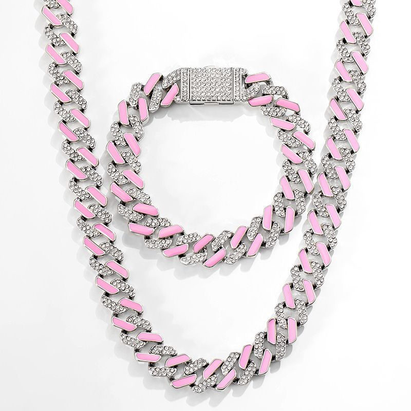 11mm Half Stones and Pink Cuban Link Choker Set