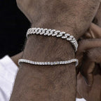 8mm Moissanite Iced Cuban + 3mm Tennis Bracelet in White Gold