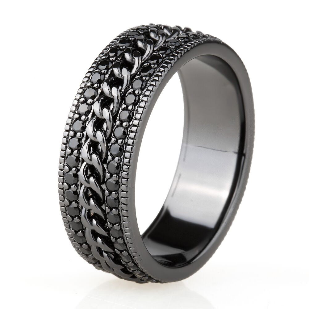 Iced Out Moissanite Cuban Link Rotating Mens Ring in Black Gold