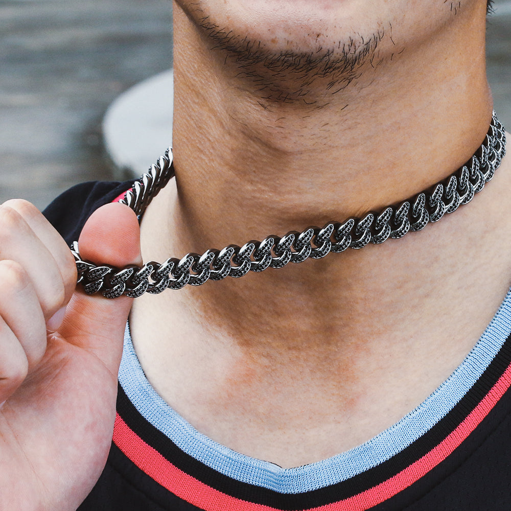 13mm Moissanite Iced Out Cuban Link Black Stone for Men's Chain