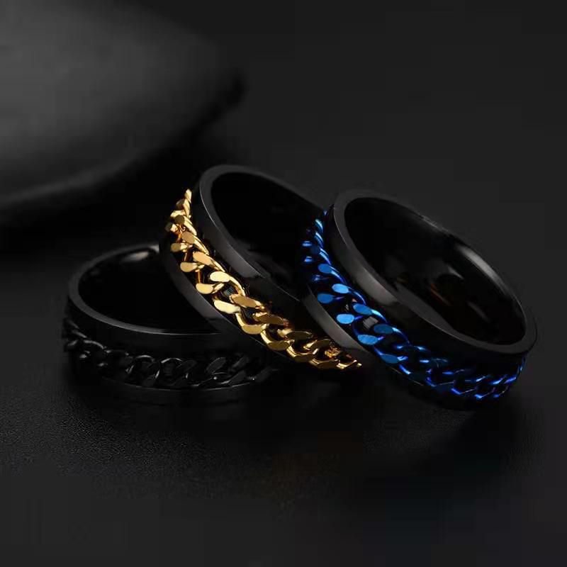 Rotating Titanium Steel Cuban Chain Fidget Ring in Black Gold