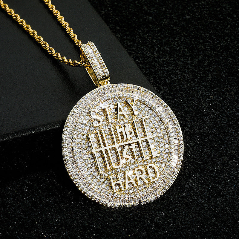 Moissanite Ice Baguette Cut Keep Calm Round Pendant