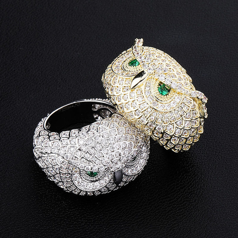 18K Gold Plated Moissanite Owl with Jewel Hip Hop Ring
