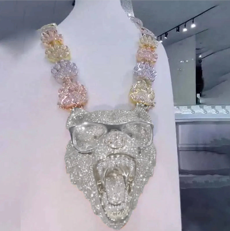 3D | 925S Wearing Glasses Bear Pendant Paw Prints  Chain