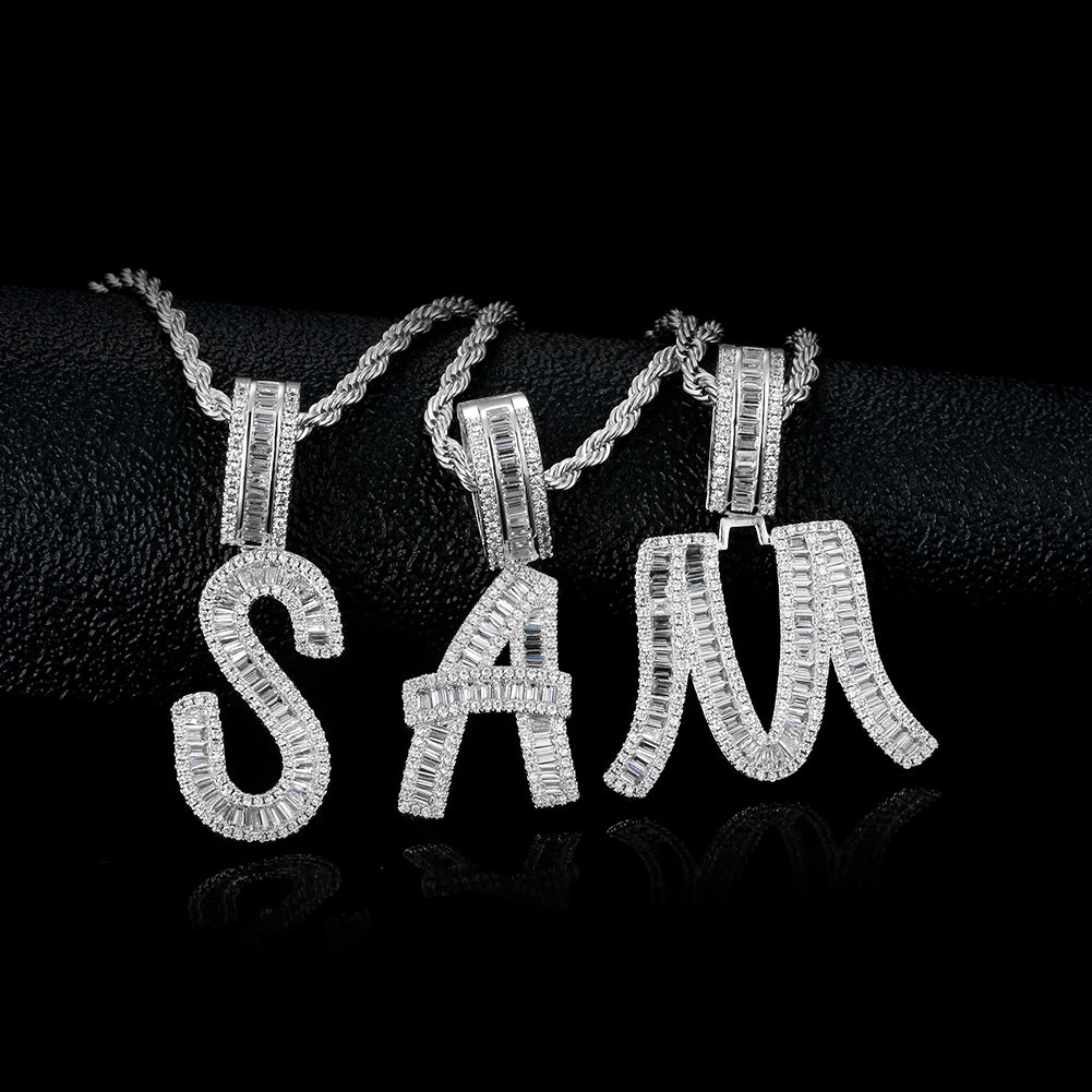 Iced Out Baguette Cut Letters Pendant Name Moissanite Necklace in White Gold/Gold