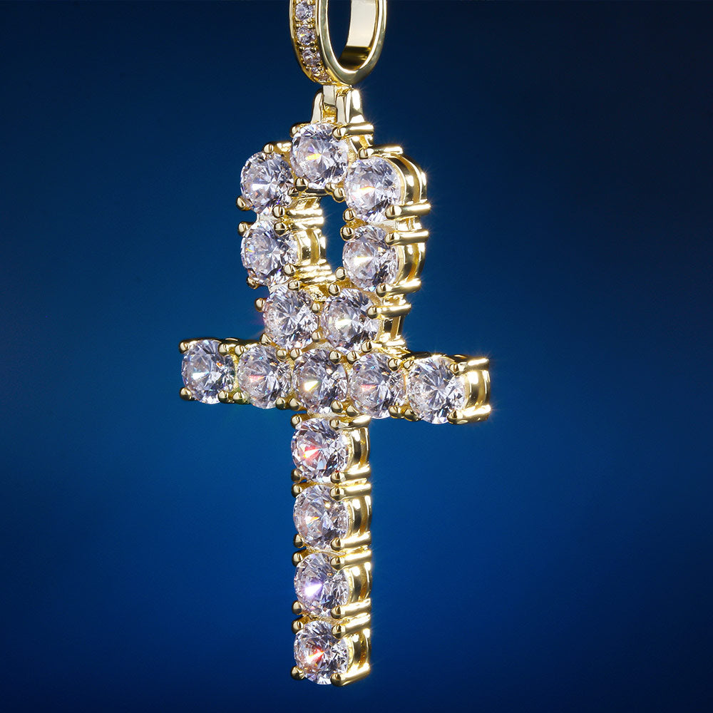 Iced Out ANKH Cross Moissanite Pendant in 14K Gold