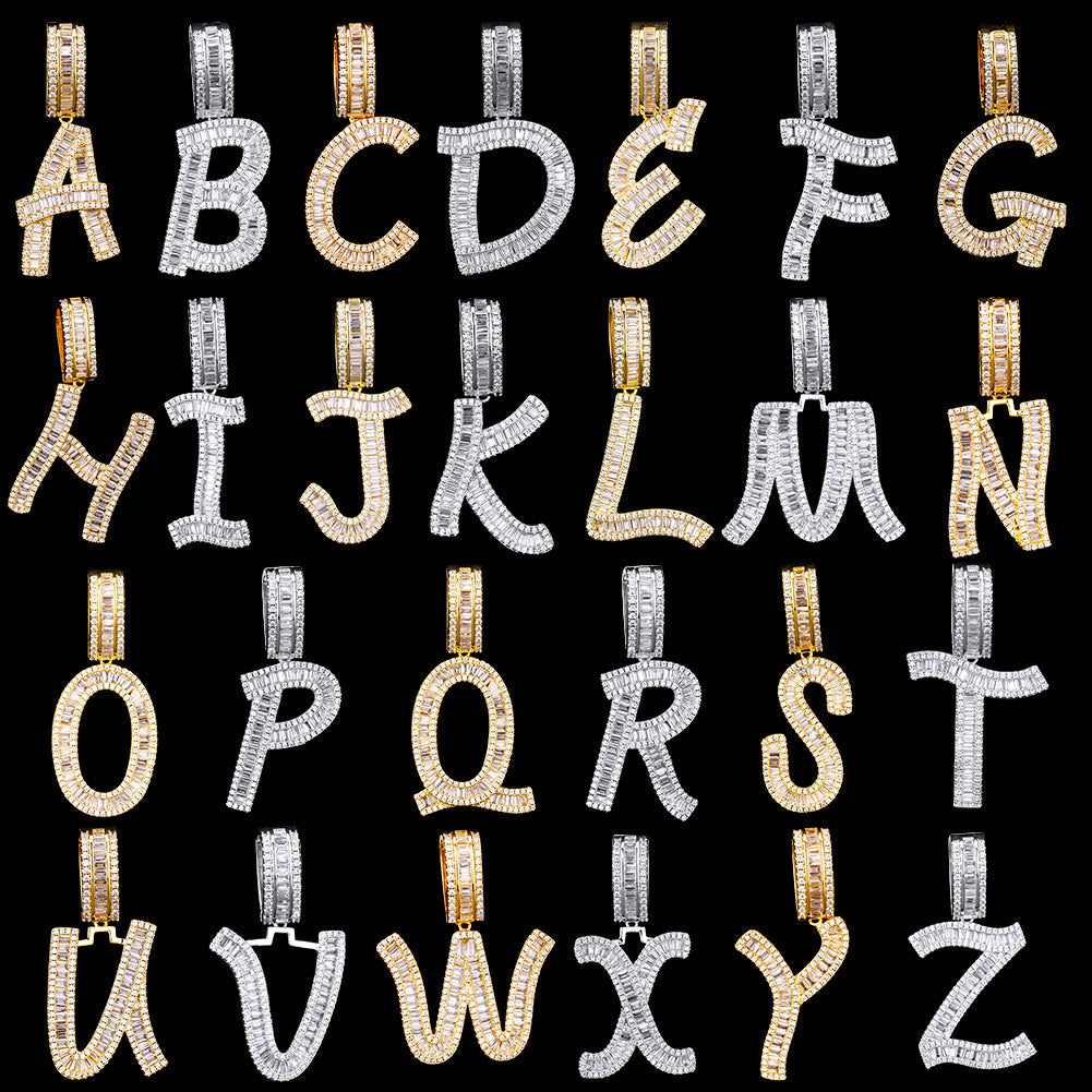 Iced Out Baguette Cut Letters Pendant Name Moissanite Necklace in White Gold/Gold