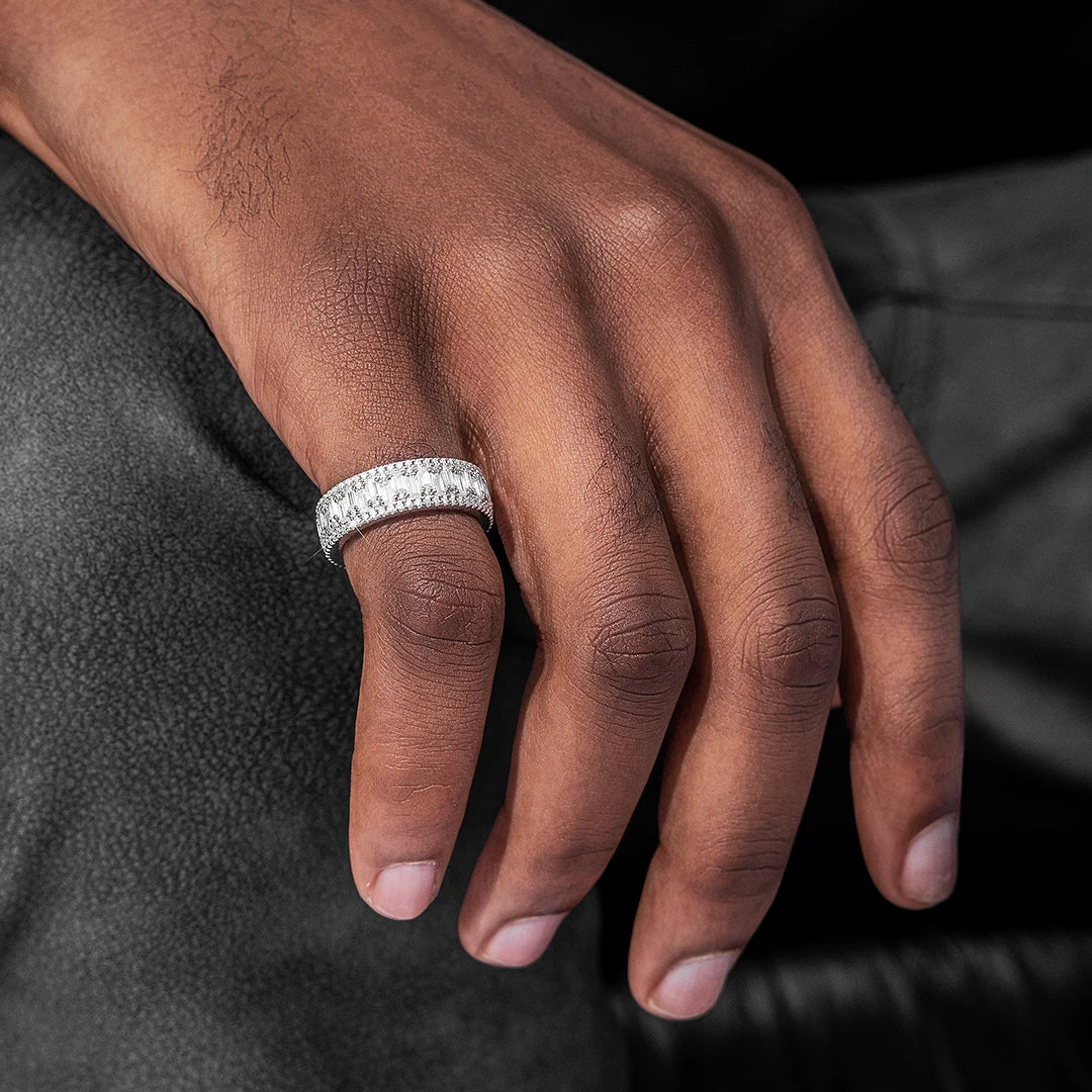 Triple Row Baguette & Pave Moissanite Ring For Men