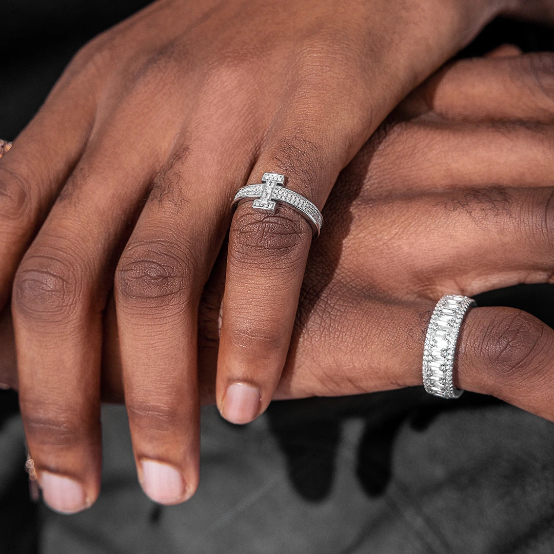 Triple Row Baguette & Pave Moissanite Ring For Men