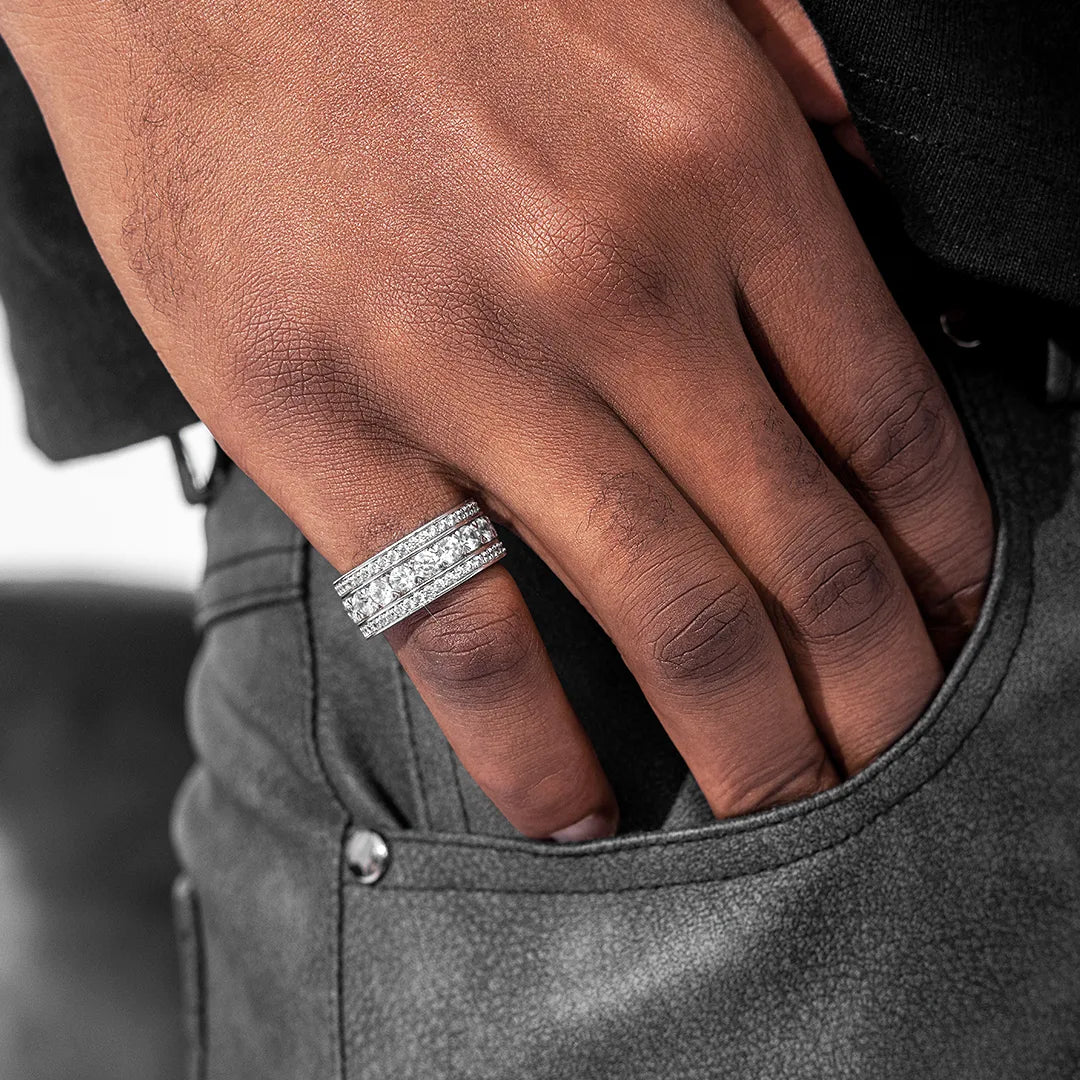 Round Cut Moissanite Wide 3 Row Eternity Band Ring