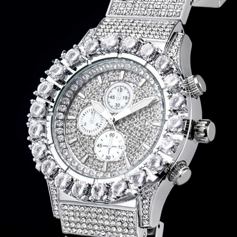 Iced Round Cut Luminous Men's Watch in White Gold