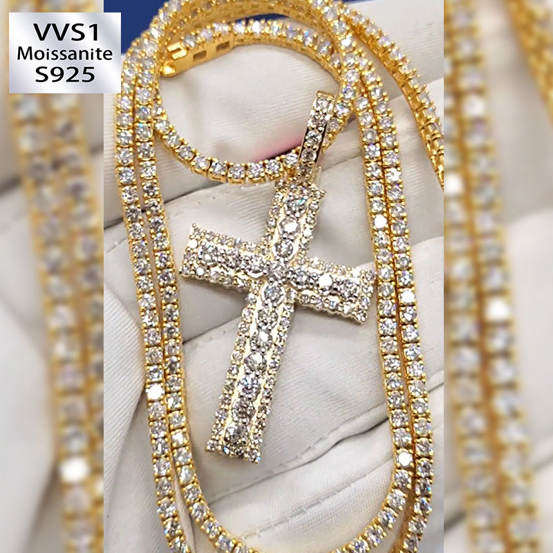 3mm Cross Moissanite Pendant Tennis Chain Set