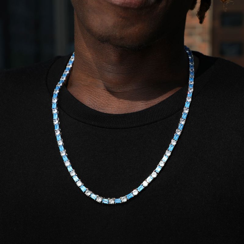 5mm Blue Baguette Cut Stone Tennis Chain in White Gold