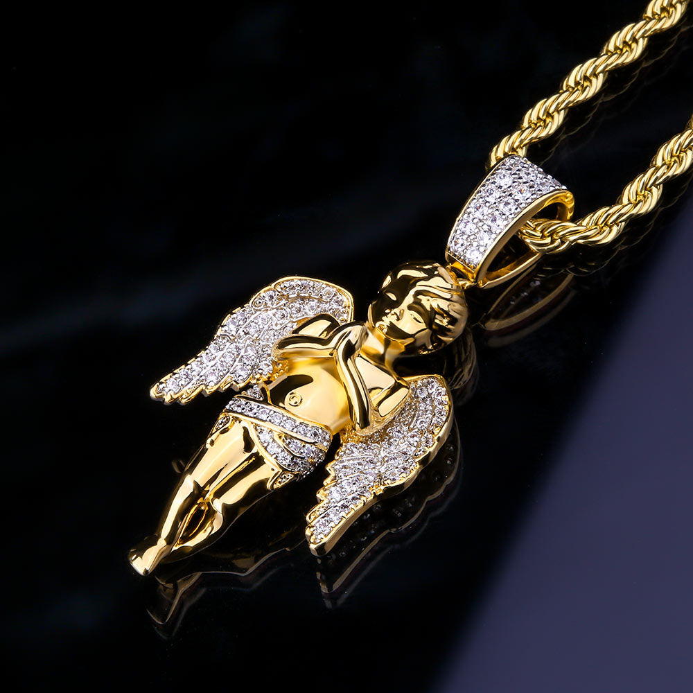 Iced Out Mens Angel Moissanite Pendant Necklalce in 14K Gold/White Gold